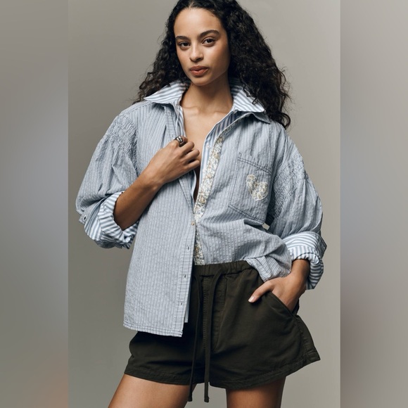 Pilcro Tops - Pilcro Anthropologie Blue Striped Button Down Shirt Heart Patch Preppy Top XXS